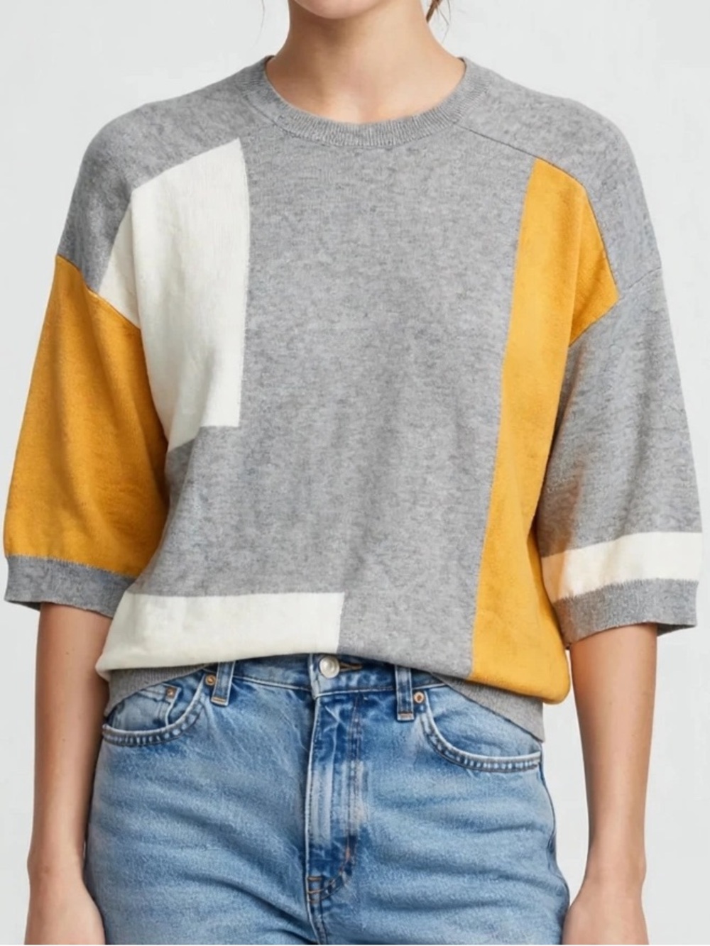 Parrish LA NWT Colorblock Sweater S Grey Mustard Cream Color Block Short Sleeve